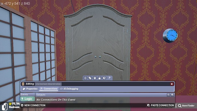 Showing Victorian Wardrobe with no option for Open and Close events, just Logic.
